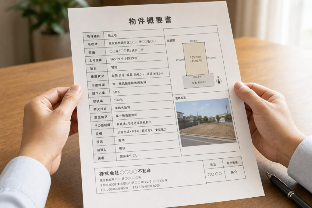 所在地、面積、区画図、建ぺい率などの詳細な売地情報と現地の状況が記載された物件概要書を手に持って確認する手元。