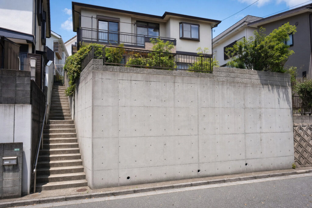 前面道路から高い高低差があり、堅牢なコンクリートの擁壁と長い外階段の上に建てられた2階建ての戸建て住宅の外観。
