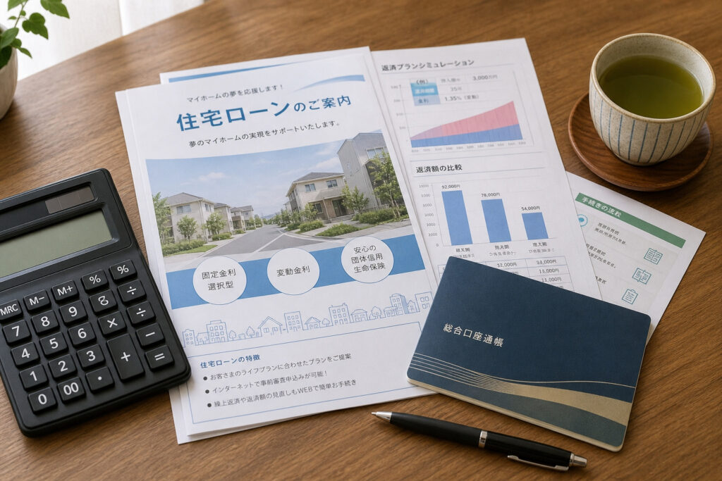 木目のテーブルに置かれた住宅ローンの案内パンフレット、返済プランのシミュレーション資料、電卓、総合口座通帳。