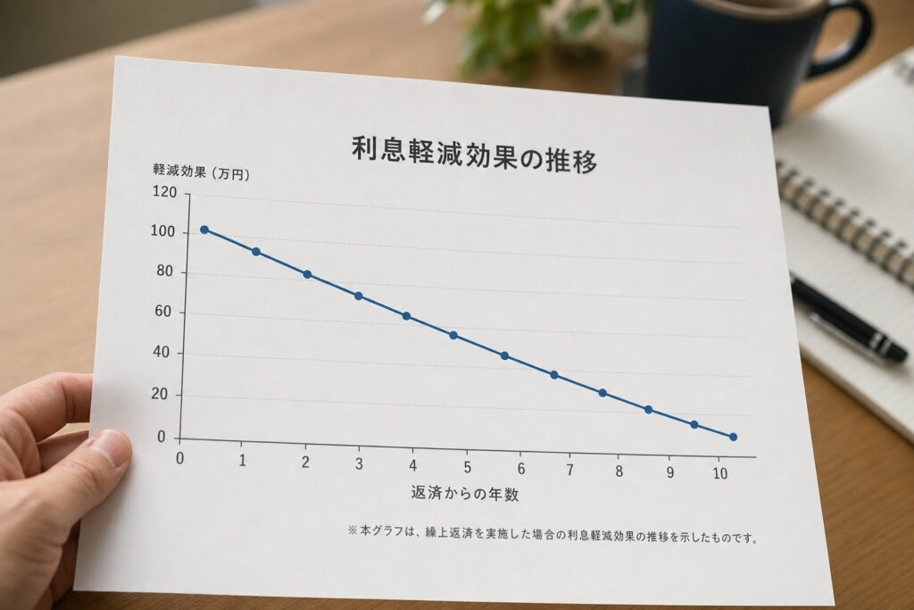 繰り上げ返済を実施した場合の「利息軽減効果の推移」を示す、右肩下がりの折れ線グラフが印刷された資料。