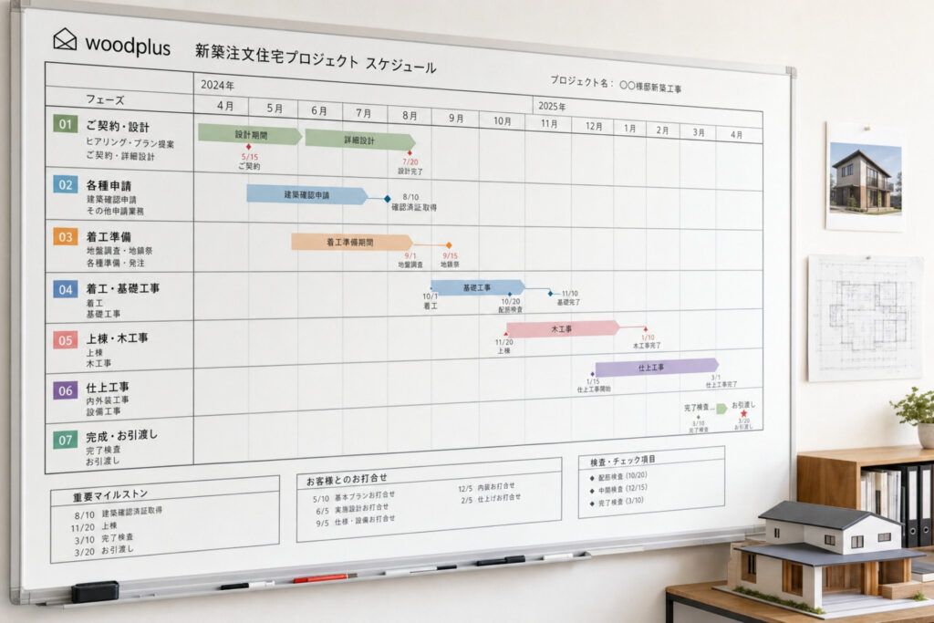 ご契約から基礎工事、上棟、完成・お引き渡しまでの新築注文住宅の建築スケジュールが、月ごとの工程表として詳細にまとめられたホワイトボード。