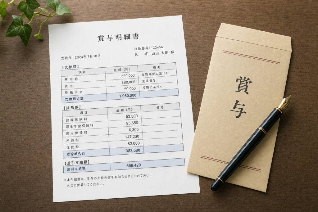 落ち着いた色合いの木製デスクに置かれた、支給額や控除額が記載された賞与明細書と「賞与」と書かれた封筒、万年筆。
