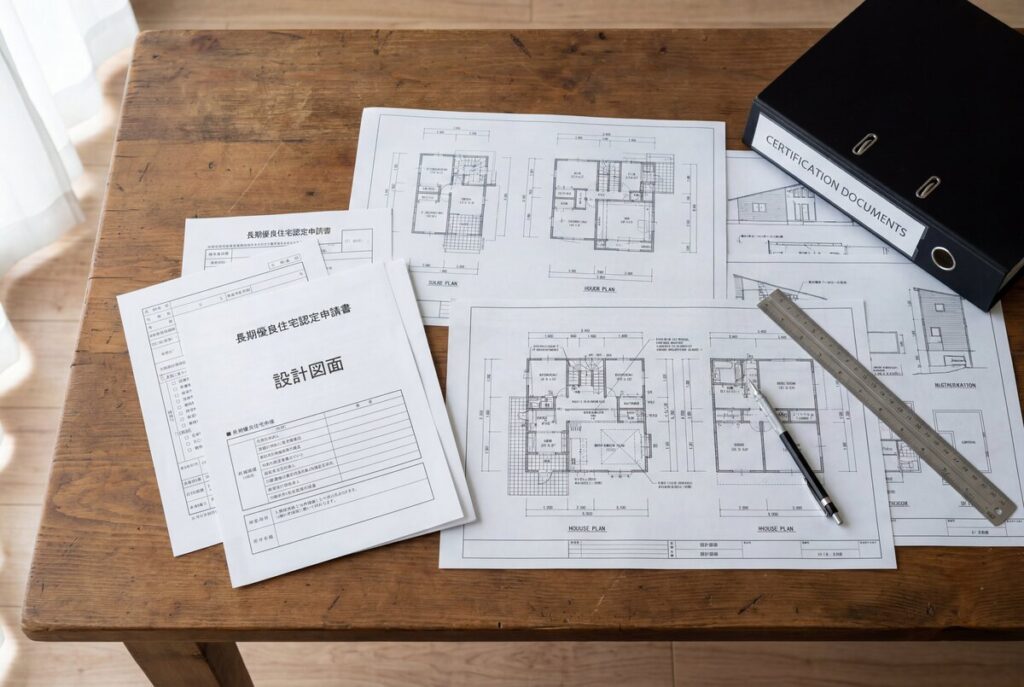 古材風の味わいある木製デスクの上に広げられた、新築住宅の設計図面一式と長期優良住宅認定申請書の書類