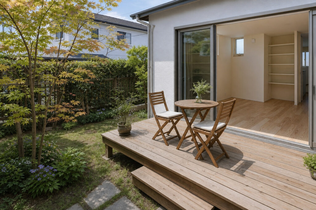 室内から段差なく繋がる開放的なウッドデッキと、豊かな植栽が楽しめるお庭。屋外用の木製テーブルセットが置かれた、自然と調和するくつろぎの空間。