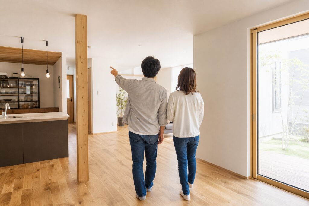 無垢材の床と化粧柱が特徴的な広々としたLDKで、室内を指差しながら見学する夫婦。