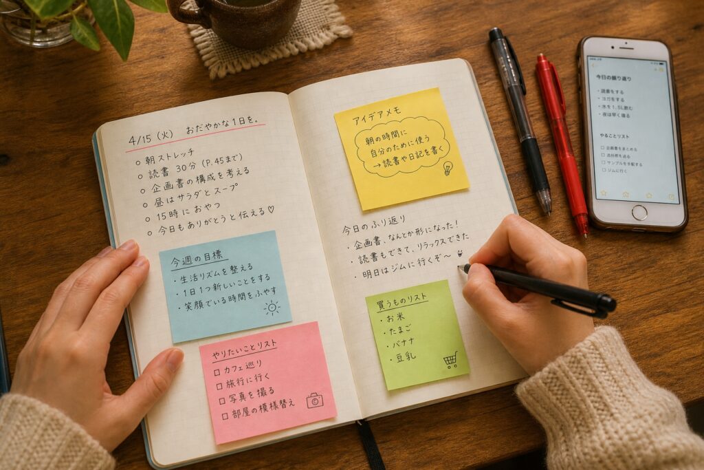 付箋やToDoリストを使って手帳に日々のスケジュールやアイデアを書き込んでいる様子。