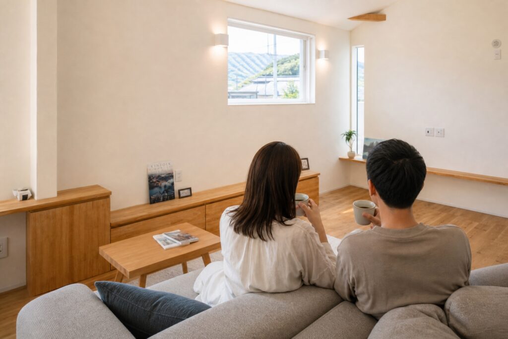 無垢材の床と白い壁に囲まれた、自然光が差し込むリビングでくつろぐ夫婦。