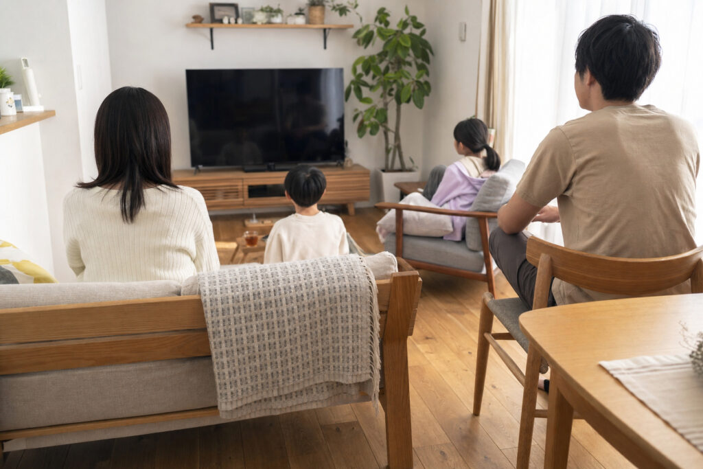 無垢材の床と木製家具で統一されたリビングで、テレビを囲んでくつろぐ4人家族の後ろ姿。