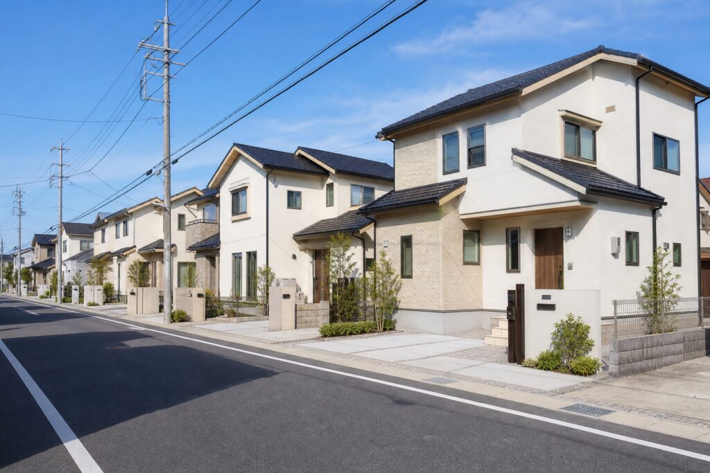 似た外観デザインの戸建てが規則正しく立ち並ぶ、閑静な分譲住宅地の街並み。
