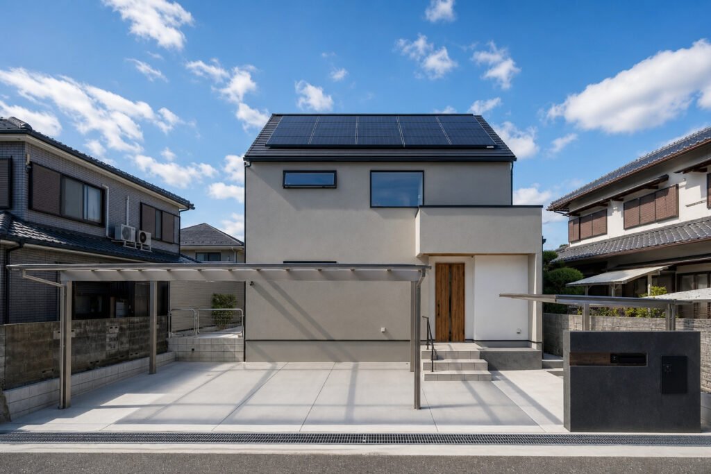 屋根に太陽光パネルを搭載した、グレーの外壁と木目調の玄関ドアが特徴的なモダンな住宅外観とカーポート