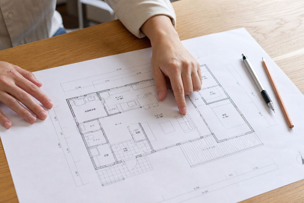 木目のテーブル上で住宅の平面図を広げ、リビングや各部屋の動線を確認しながら家づくりの計画や打ち合わせをしている手元の様子。