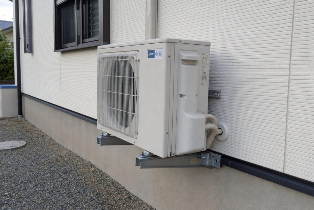 白いサイディングの外壁に、専用金具を用いて壁掛け設置された三菱電機製のエアコン室外機。下部は水はけの良い砂利敷きになっています。