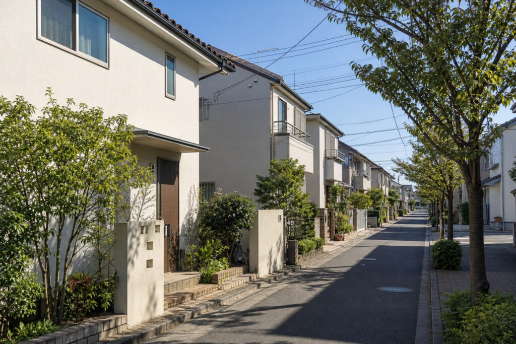 綺麗に整備された街路樹と舗装道路沿いに建ち並ぶ、明るい外壁と豊かな植栽が調和した閑静な住宅街の街並み。