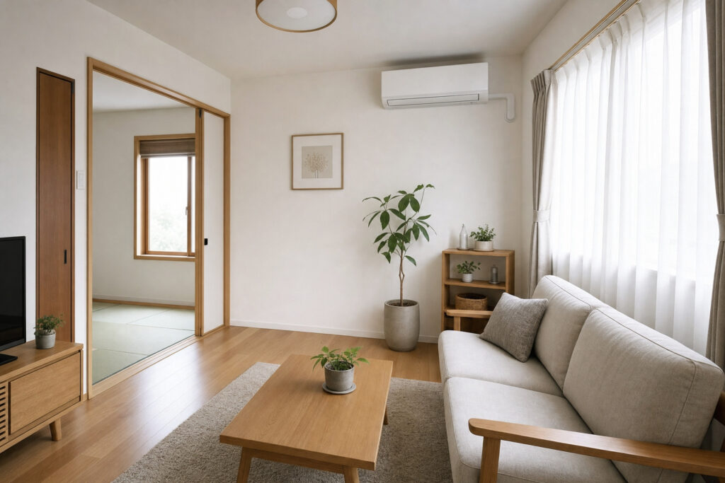 和室とつながる、ナチュラルな木目の床と明るい日差しが差し込むシンプルなリビング空間。