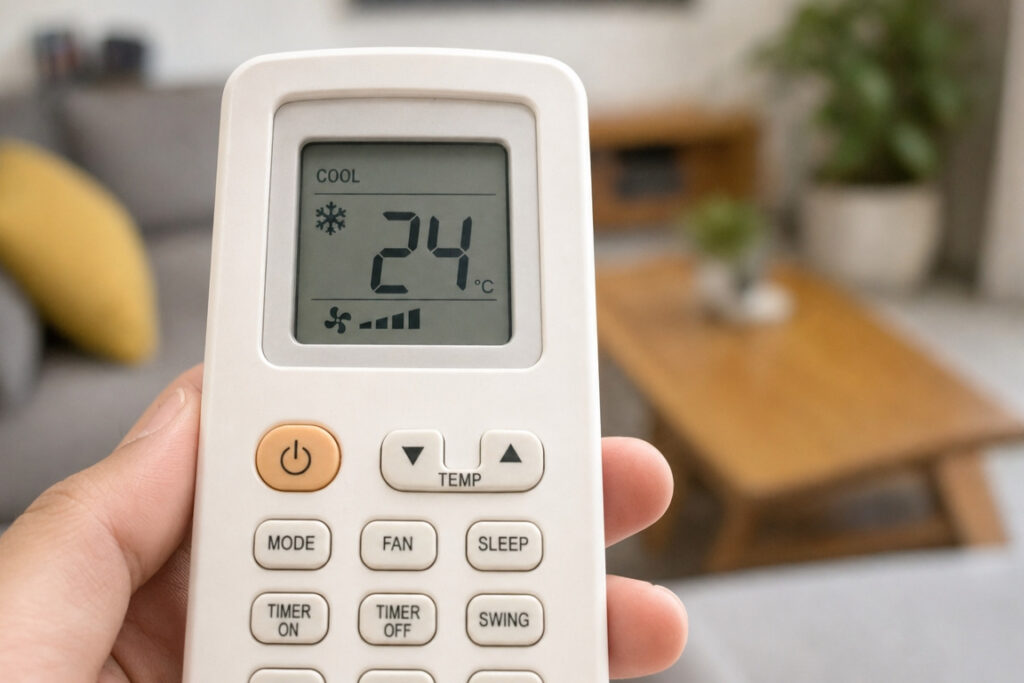 冷房24度に設定されたエアコンのリモコン。背景には木製テーブルのあるくつろげるリビング空間が広がっています。