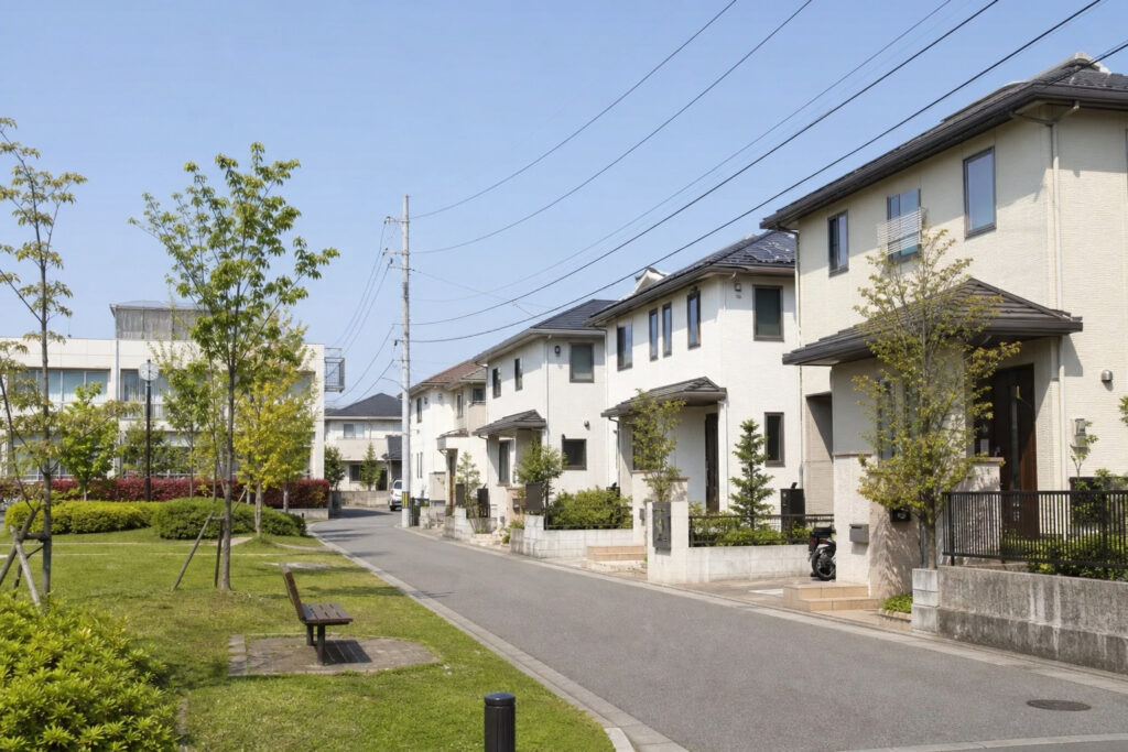 明るい色の外壁にダークカラーの屋根を組み合わせた一戸建てが並ぶ、緑豊かな閑静な分譲住宅街の風景。