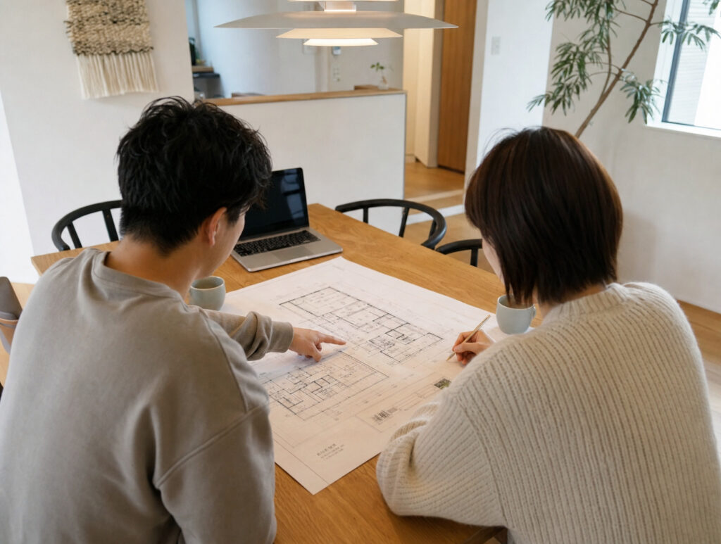 木製のダイニングテーブルで住宅の平面図を広げ、図面を指差し合いながら家づくりの打ち合わせをしている夫婦の様子。