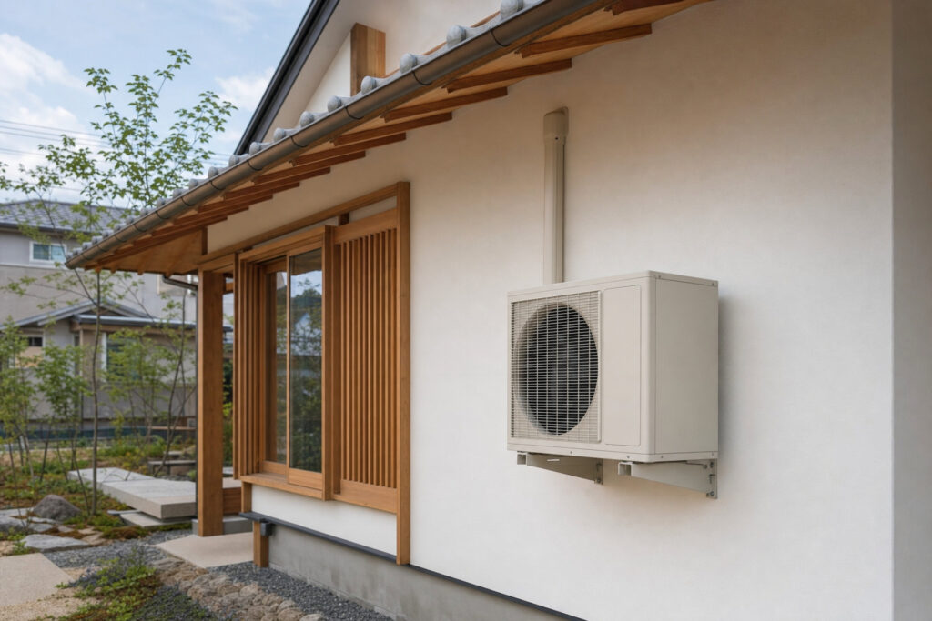 白い塗り壁に木製の格子窓と瓦屋根の軒先が美しい和モダンの外観と、壁掛け設置されたエアコン室外機。