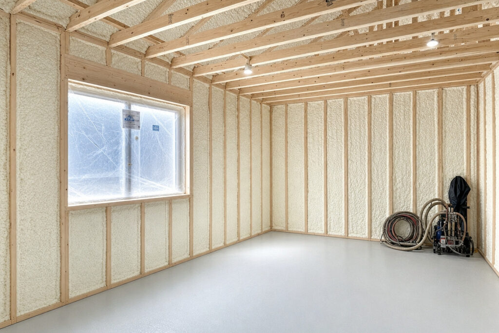 建築中の木造住宅の室内。壁面の柱の間に隙間なく吹き付けられた発泡ウレタン断熱材と、露出した木組みの構造材が見える高気密・高断熱の施工風景。