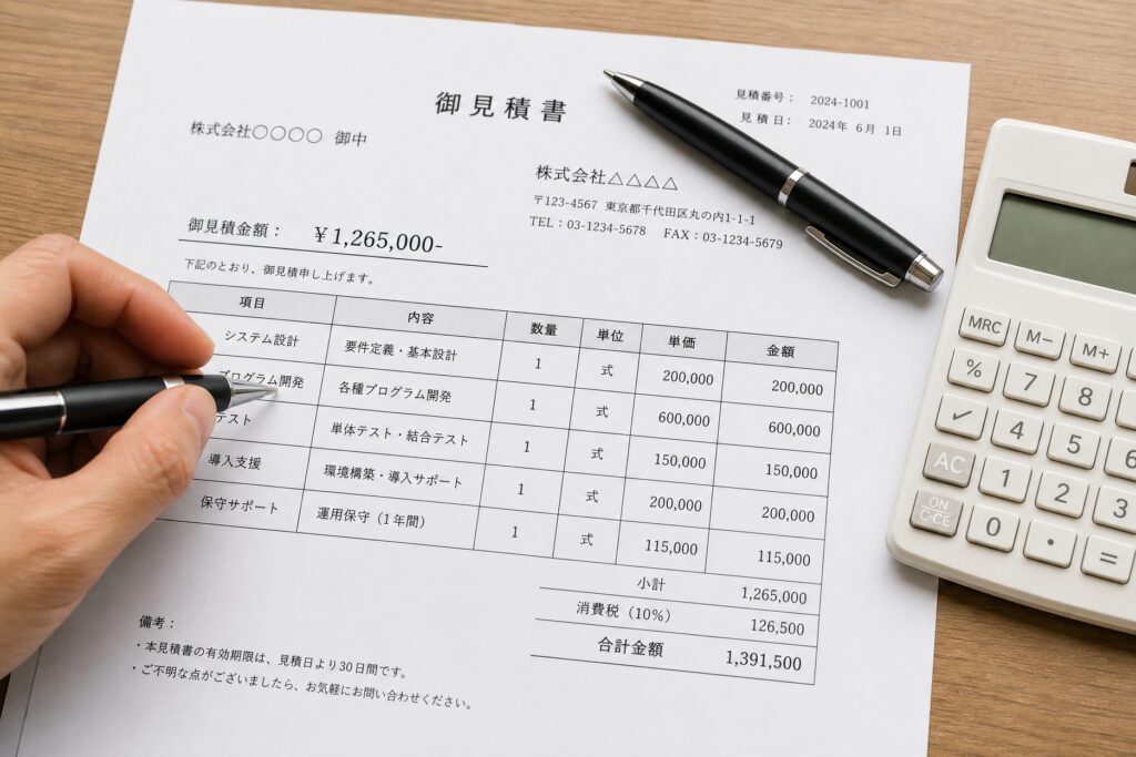 項目や金額が詳細に記載された見積書と電卓を用いて、費用を確認している様子。