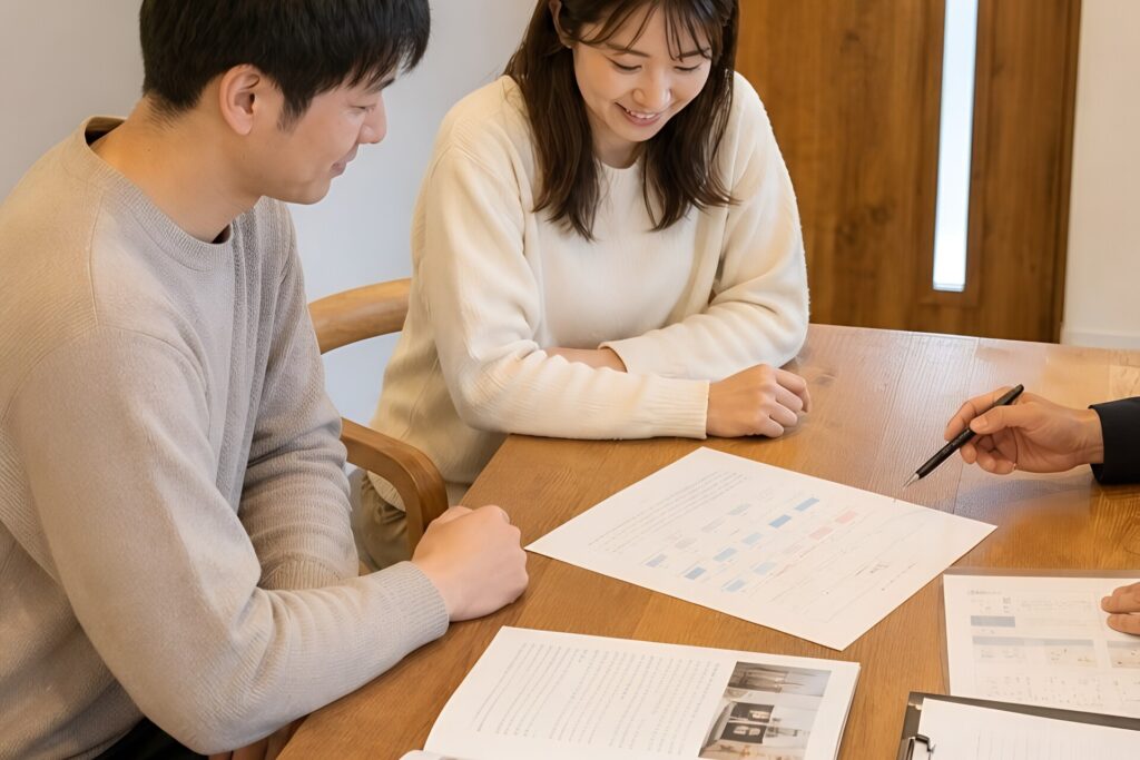 無垢材のテーブルに図面や進行表を広げ、工務店の担当者と笑顔で打ち合わせを進める夫婦。