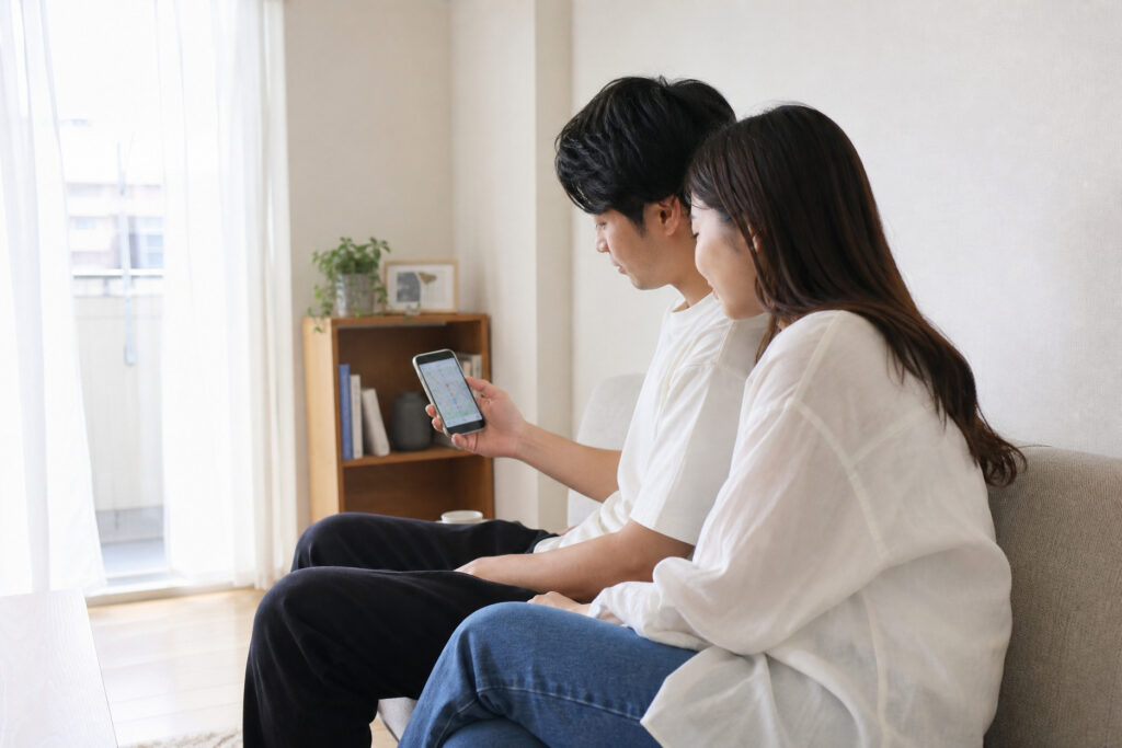 自然光が差し込むナチュラルな雰囲気のリビングで、ソファに並んで座りスマートフォンで地図アプリを見る夫婦。