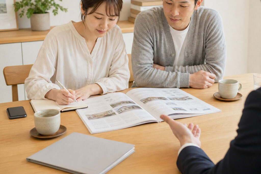 自然光が差し込む明るい打ち合わせスペースで、住宅カタログを見ながら担当者の説明を聞き、熱心にメモを取る夫婦。