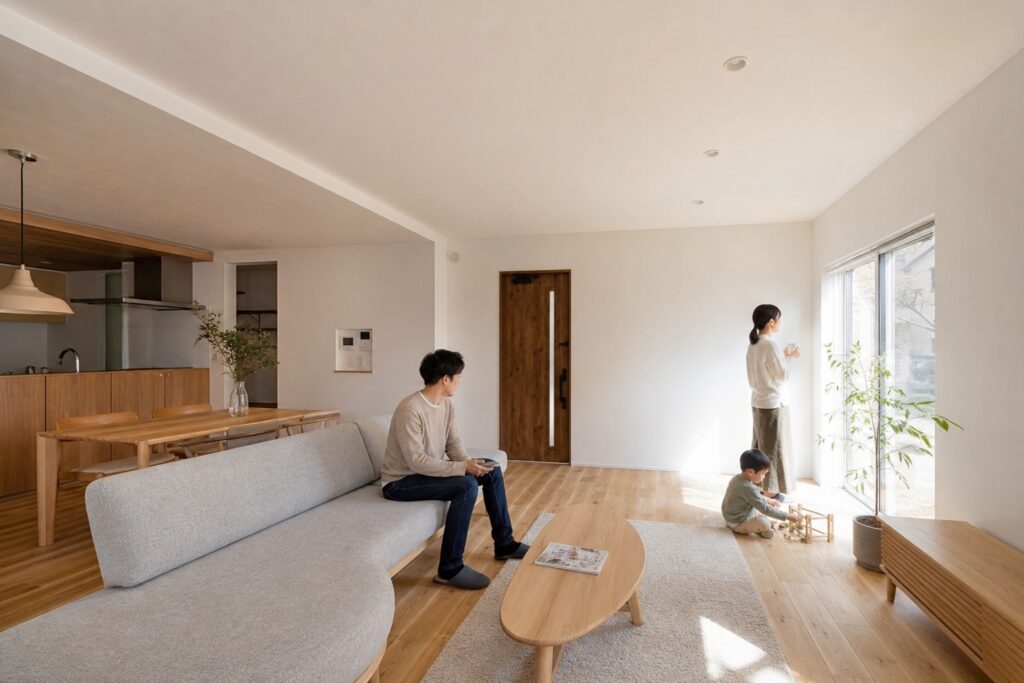 無垢材の床とキッチンの木目調下がり天井が特徴的な、大きな窓から自然光が差し込む広々としたリビング空間。