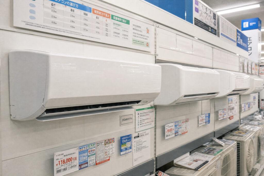 家電量販店の売り場に並んで展示されている複数のルームエアコン。適用畳数や省エネ性能などの仕様を比較できるPOPが掲示されている。