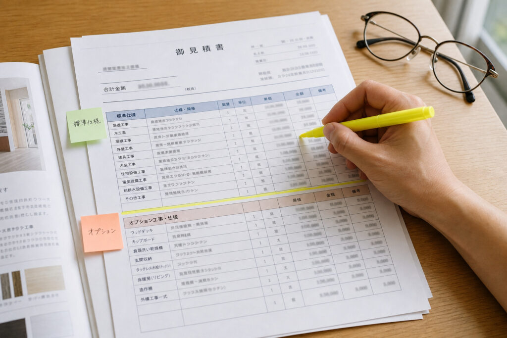 木目のデスク上で、「標準仕様」と「オプション」の付箋が貼られた住宅の御見積書にマーカーを引きながら確認する手元。