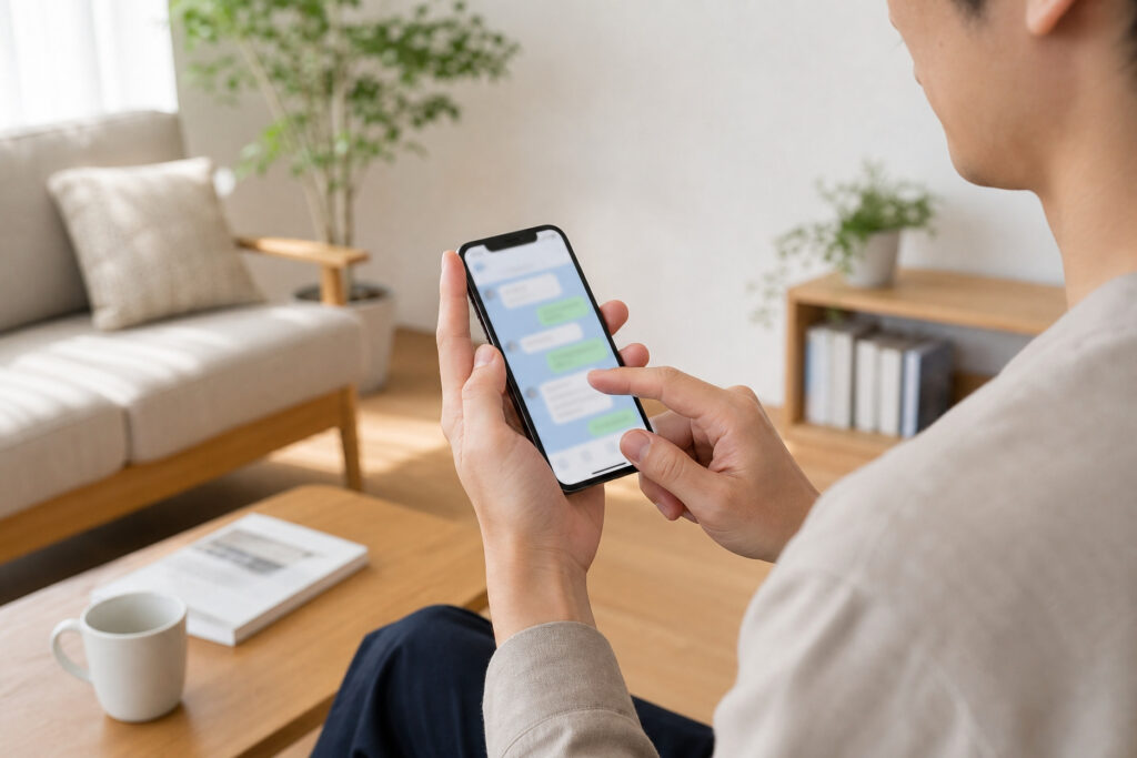 木の家具と観葉植物が配置されたナチュラルなリビングで、くつろぎながらスマートフォンのメッセージ画面を操作する人物。