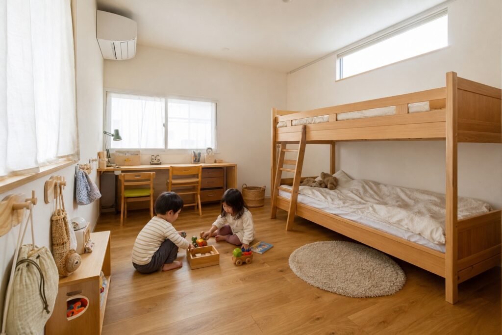 無垢材の床に木製の二段ベッドや学習机を並べた、高い位置の横長窓から自然光が入る明るい子供部屋で仲良く遊ぶ二人の子供。