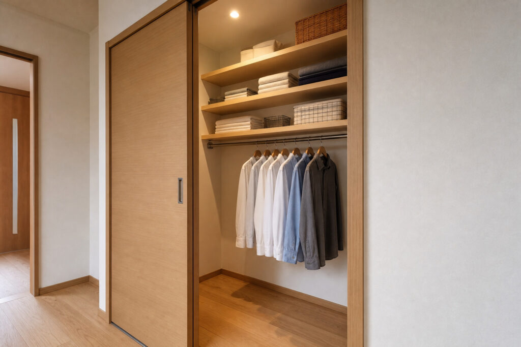 木目調の引き戸を備え、上部の可動棚とハンガーパイプで衣服を効率的に収納できるクローゼット。