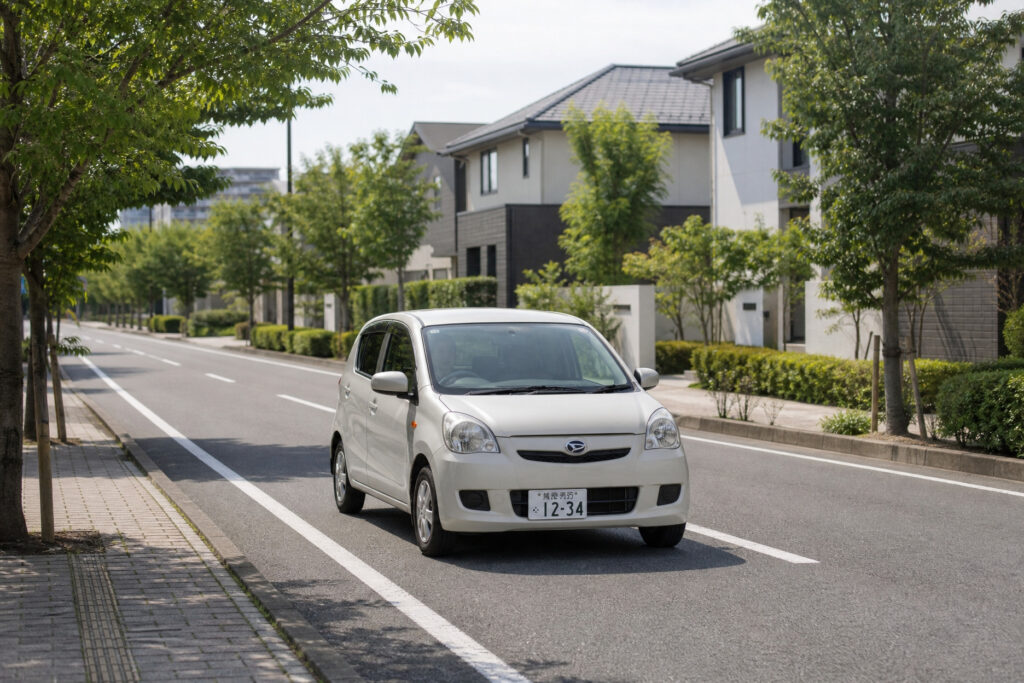 植栽が美しく整備され、新しい戸建て住宅が立ち並ぶ閑静な分譲地の道路を走行する白い自動車。