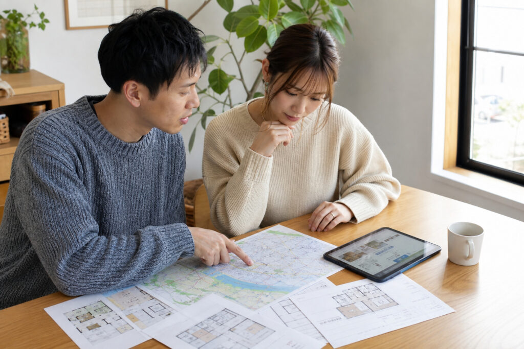ダイニングテーブルに間取り図や地図を広げ、タブレットを見ながら家づくりの計画を真剣に話し合う夫婦の様子。