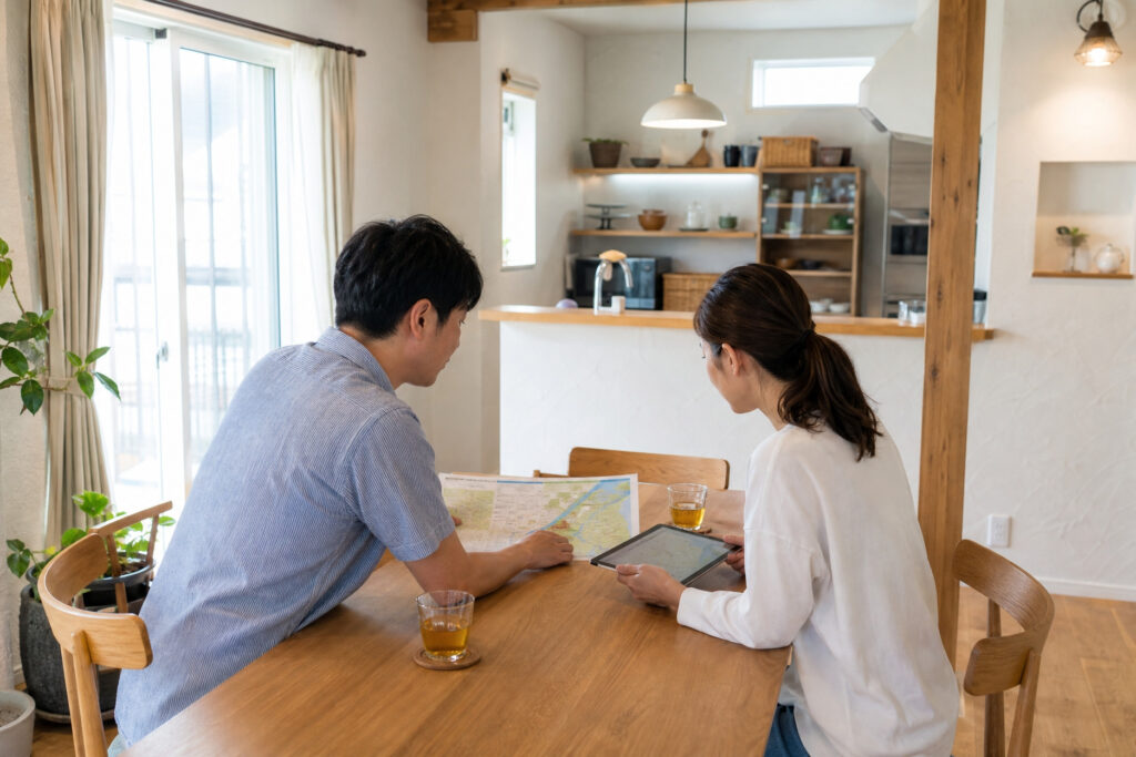 無垢材のダイニングテーブルで地図やタブレットを見ながら話し合う夫婦。背景には木の温もりが感じられるナチュラルな対面キッチンが広がっています。