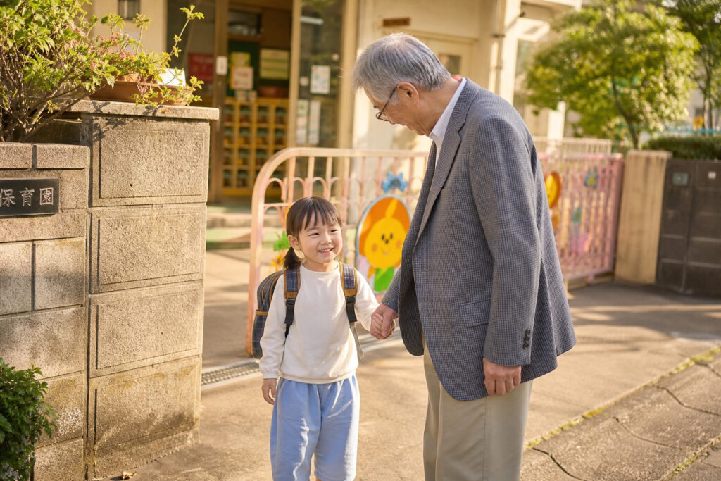 夕暮れ時の保育園の門の前で、リュックを背負った笑顔の女の子と手を繋いで歩くシニア男性の様子。