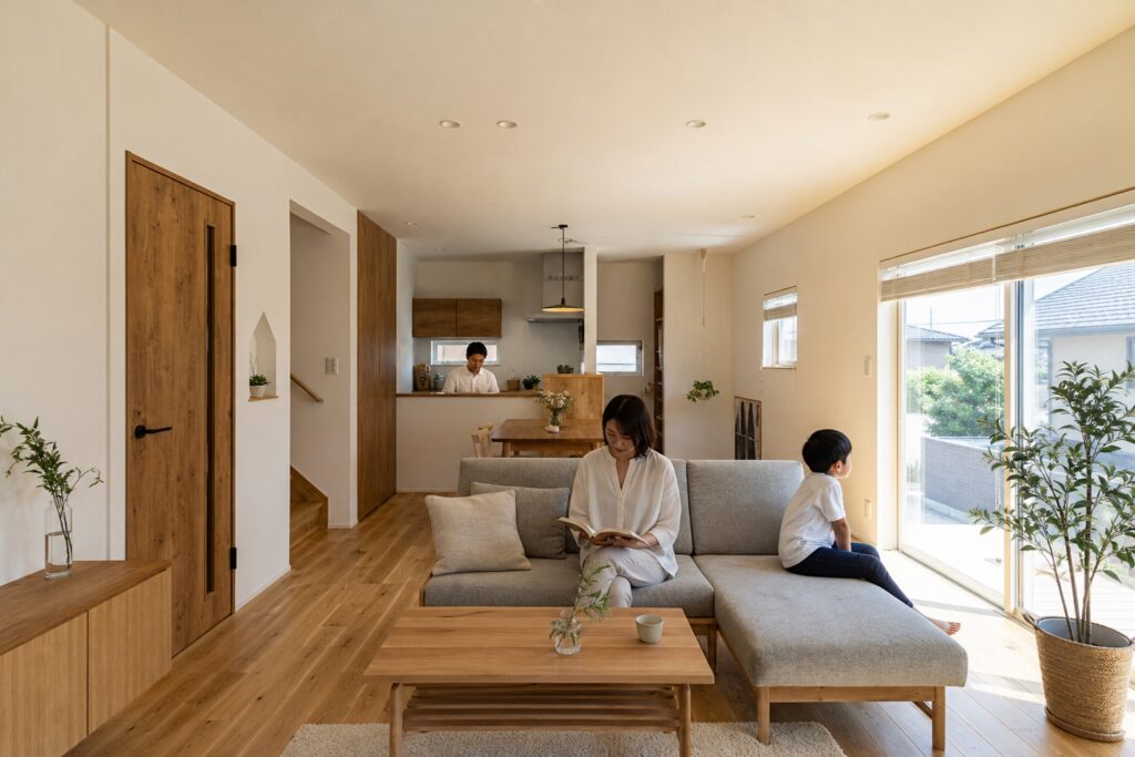 無垢材の床と白い壁が広がる開放的なLDKで、家族が思い思いにくつろぐナチュラルテイストの室内空間