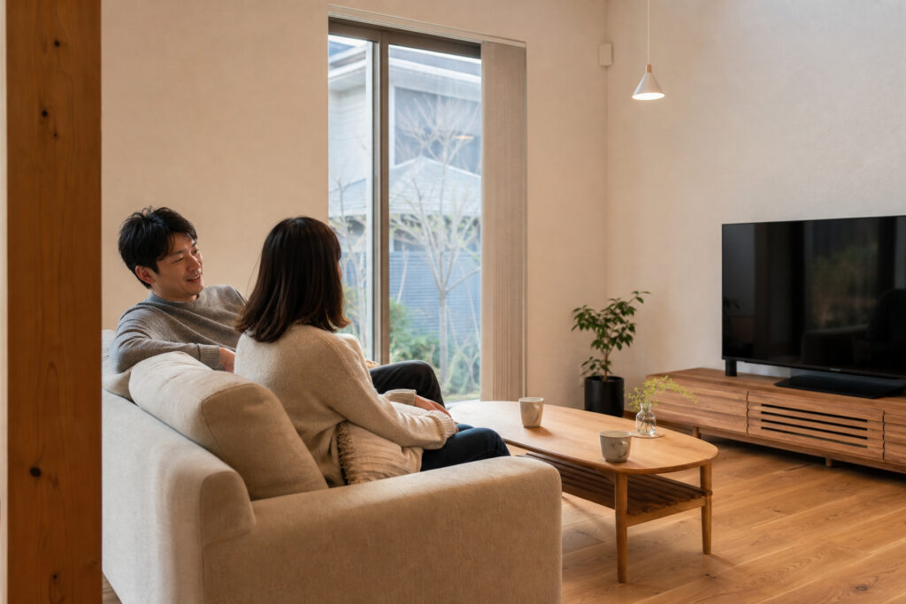 温かみのあるペンダントライトが照らす、無垢材の床が広がるリビング。木目のテレビボードや木の柱に囲まれ、ソファでくつろぐ夫婦。