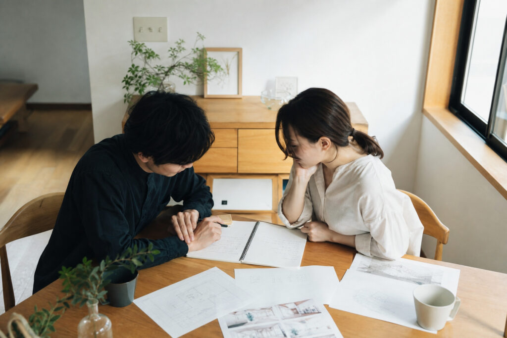 木の温もりを感じるダイニングで、テーブルに複数の建築図面やノートを広げて家づくりの打ち合わせを真剣に行う夫婦。
