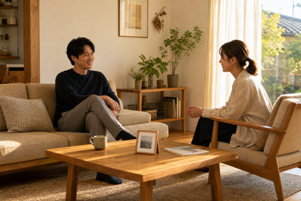 柔らかな陽射しが差し込むナチュラルテイストのリビングで、木製家具に囲まれながらソファに座って笑顔で会話を楽しむ夫婦。