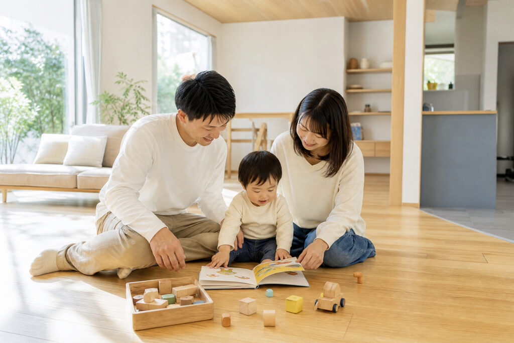 無垢材の床と木目調の天井が温かい開放的な空間で、大きな窓からの自然光を浴びながら子どもと遊ぶ家族。