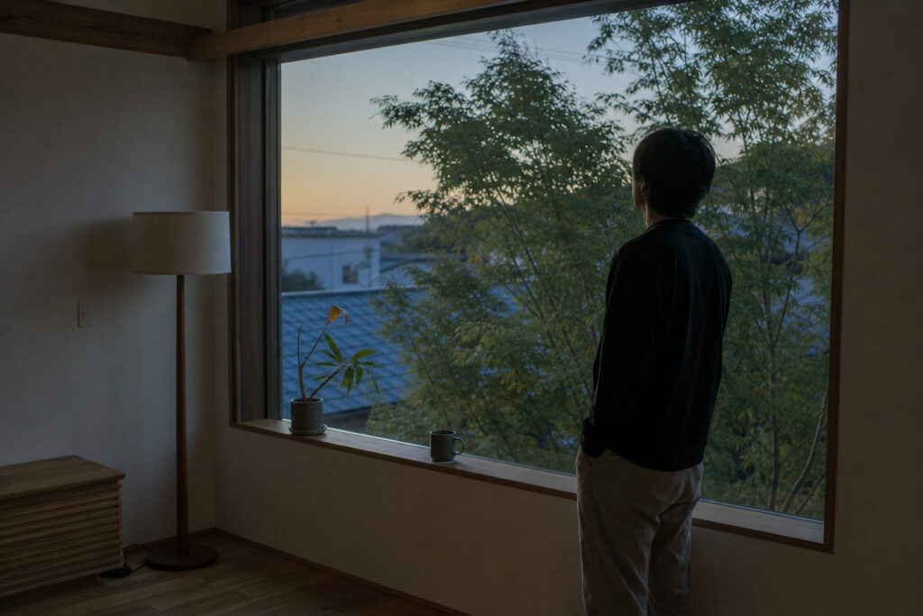 木枠の大きなピクチャーウインドウから夕景の街並みと木々を眺める男性の後ろ姿。無垢材の床と塗り壁が落ち着いた空間を演出しています。