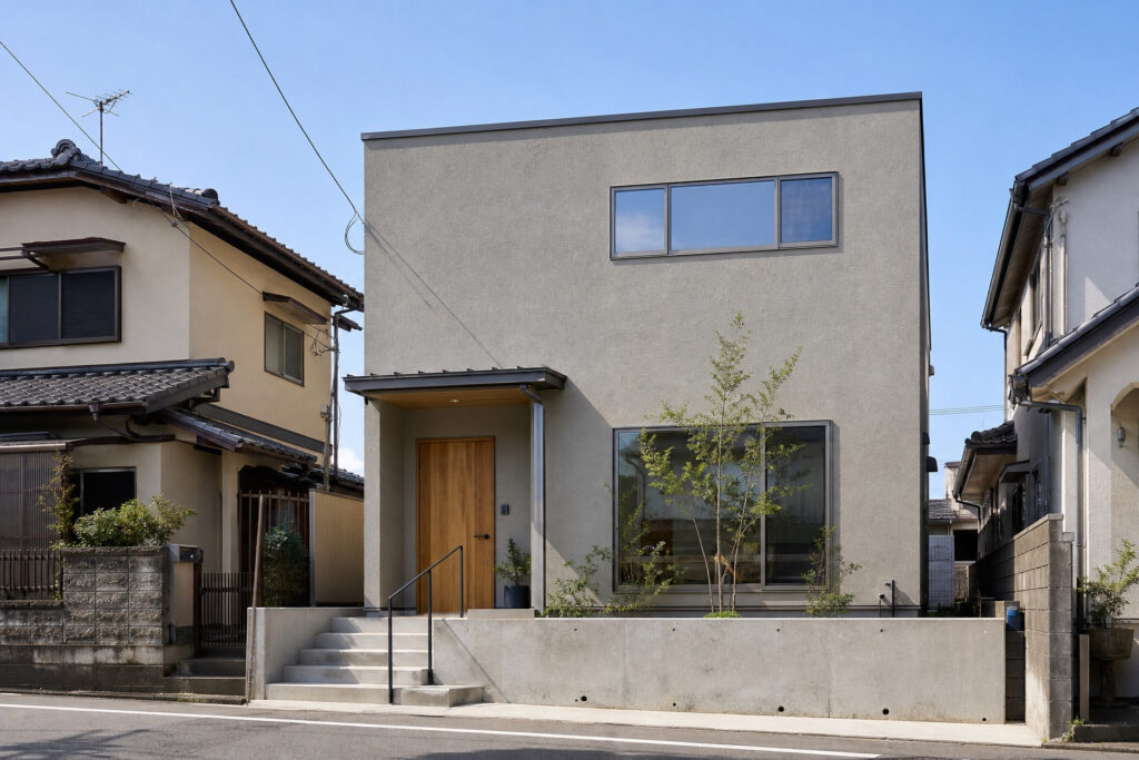 グレーのシンプルな外壁と木目の玄関ドアが調和する、モダンなキューブ型住宅の外観とコンクリートの階段アプローチ。
