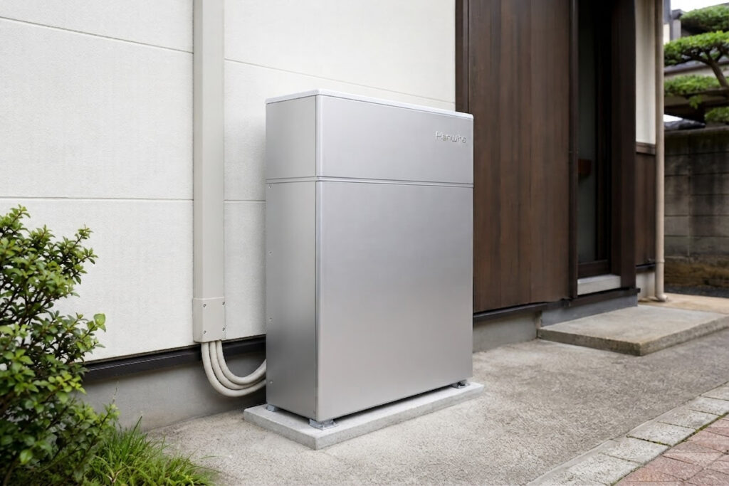 白い外壁の住宅の屋外に設置された、シルバーのスマートなデザインの家庭用蓄電池システム。
