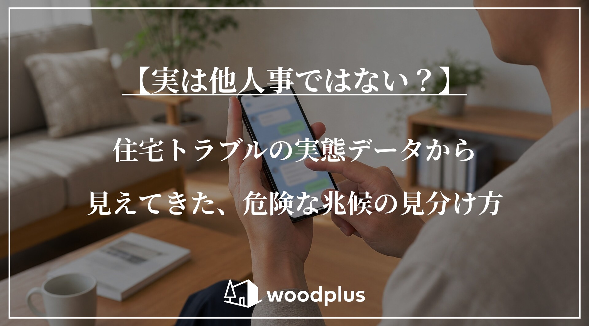 スマートフォンを操作する様子を背景にした、「【実は他人事ではない？】住宅トラブルの実態データから見えてきた、危険な兆候の見分け方」の文字とwoodplusのロゴ。