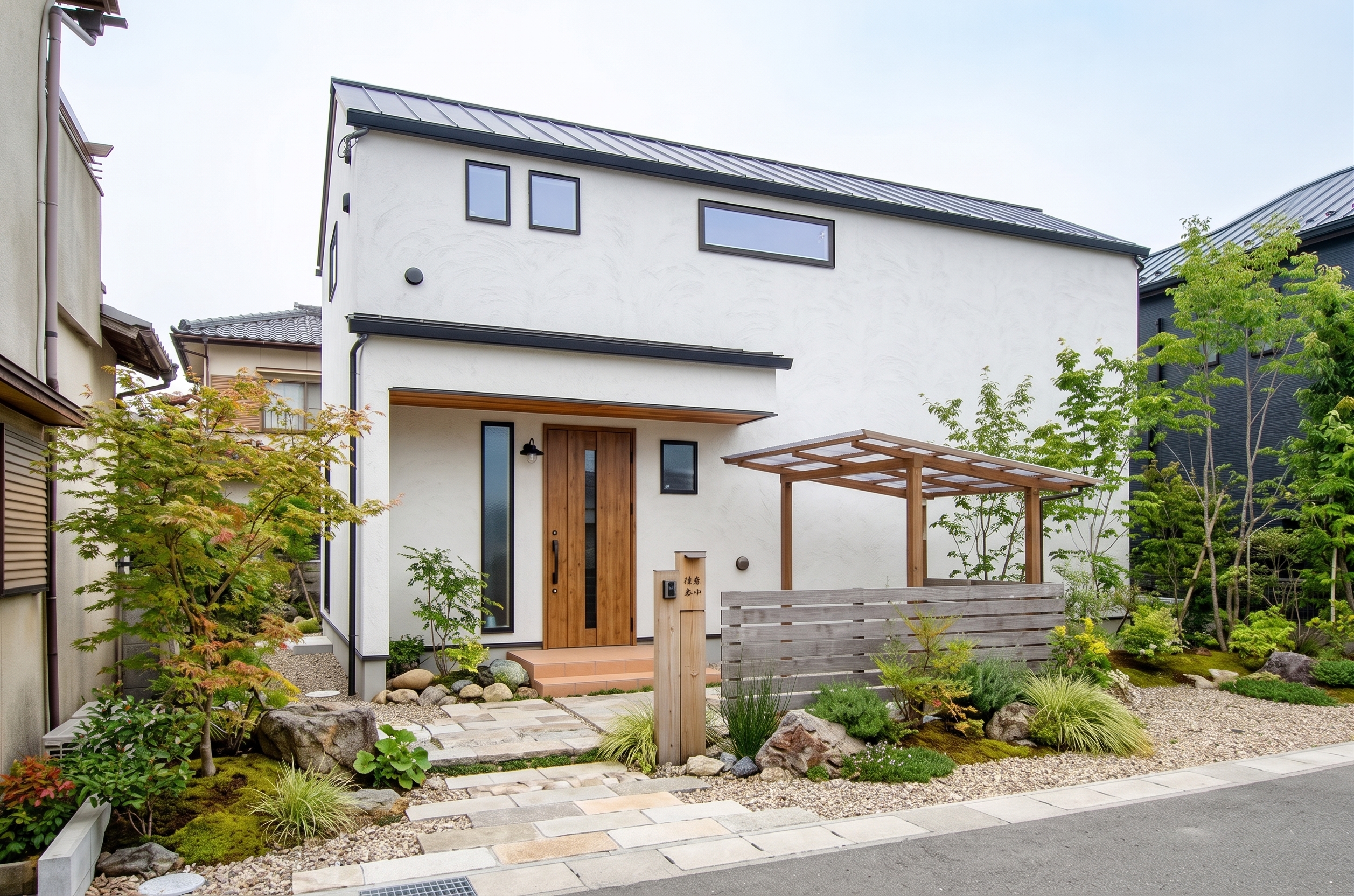 白い塗り壁風の外壁と金属屋根が特徴的なモダン住宅。木目調の玄関ドアや深い軒、自然石と豊かな植栽を配したアプローチが美しく調和しています。
