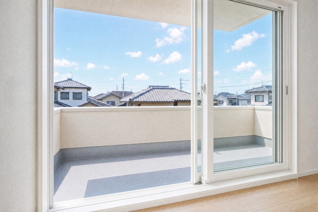明るい木目調フローリングの室内から続く、日当たりの良い広々としたバルコニー。白いサッシの大きな掃き出し窓が、開放的な空間を演出する。