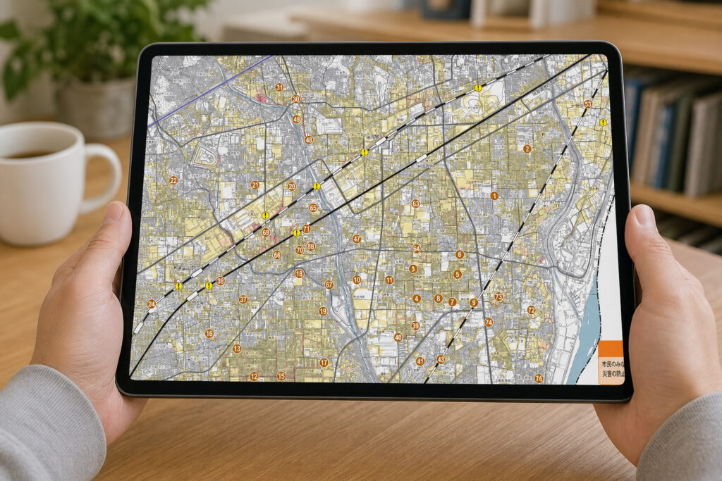木目のテーブルの上で、タブレット端末に表示された地域のハザードマップを確認している様子。