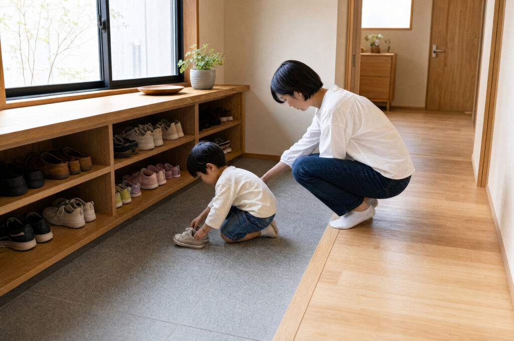 玄関の土間にしゃがんで子供の靴を優しく整える母親の姿、木製の造作下駄箱と豊かな自然光が入る明るい玄関